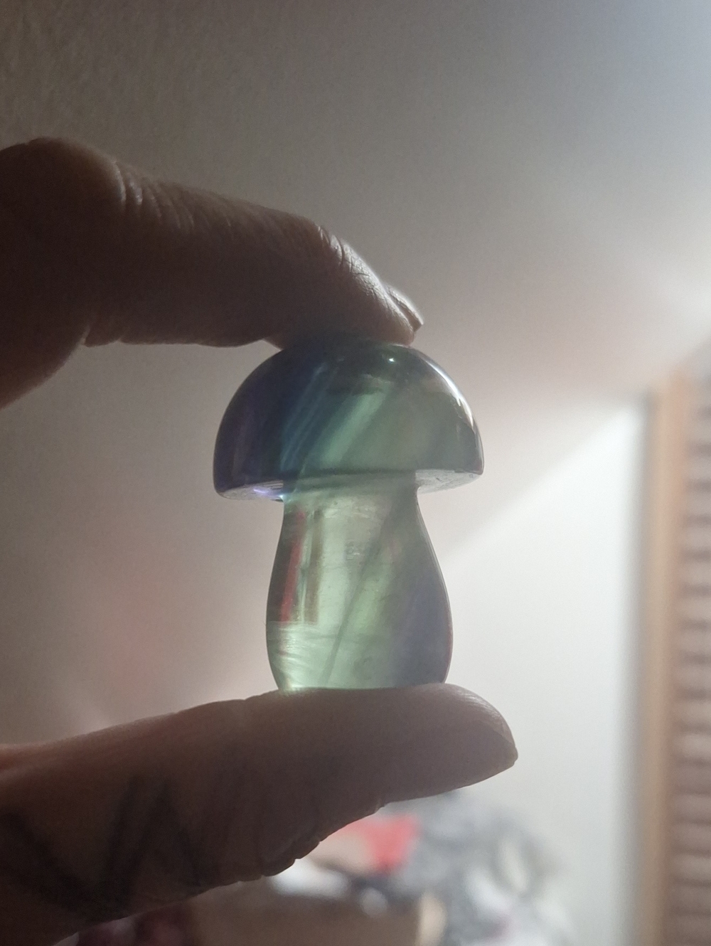 Rainbow Fluorite Mushroom- Green/Blue Carving
